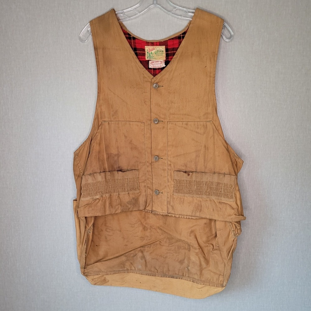 VTG Utica Duxbak Canvas Hunting Vest York Arms Co Memphis Plaid Lined Medium ~22